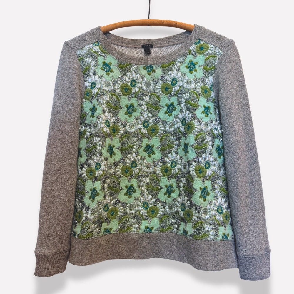 J. Crew Metallic Floral Brocade Sweatshirt Gray Green Small Preppy Artisan